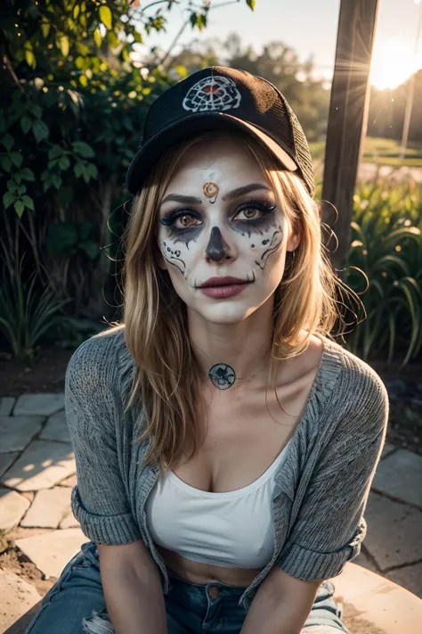 1 woman, 30yo,realistic photo, raw, close-up portrait:1.5, she has (las Muertos makeup:1.4) on, her face painted like white skull, shes beside a natural blue lagoon hot-springs, travertine, outside, sun has just set, orange red sky, backlit (hot-springs st...