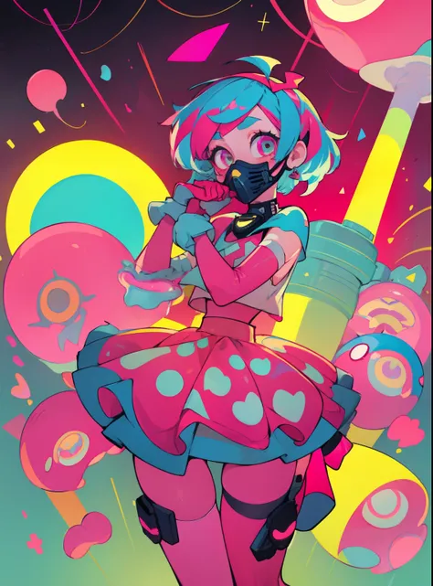 kpop girl with short nice fadecut pink hair, colorful glowing gass mask, lots of shapes attatched everywhere, random shapes mostly triangle, yellow skirt with polcadots, red gloves, and an 2 antena headband