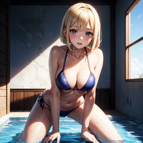 realisitic、top-quality、all-fours、((One Woman:1.5))、blonde  hair、a short bob、Blue Eyes、inside in room、Medium chest、PVC Bikini、swimming pools、Wet、maikurobikini