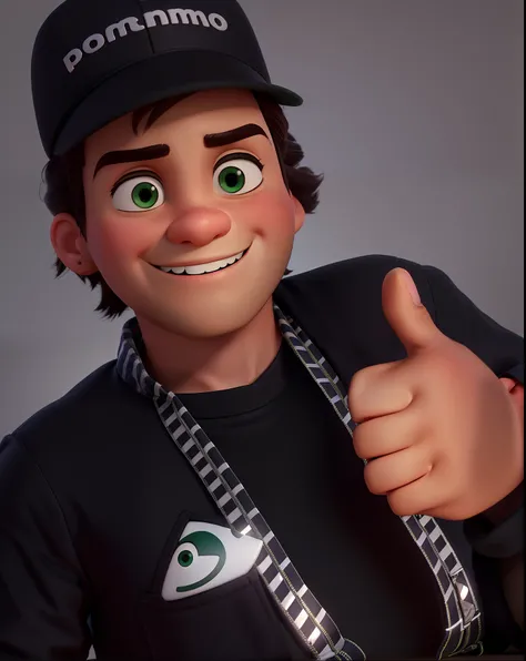 Um homem sorridente estilo Disney pixar, em camisa verde e colete verde posando para uma foto, retrato promocional, imagem promocional, foto profissional bem iluminada, foto comercial, fotografia headshot, Roxie Vizcarra, cindy avelino, Retrato de Darna mo...