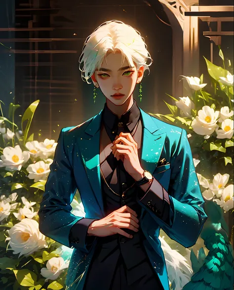 Joohoney from MONSTA X wearing a blue and green tuxedo with white peacock feathers on it. He has white hair with it being combed over to the side. He’s looking at the watch on his wrist