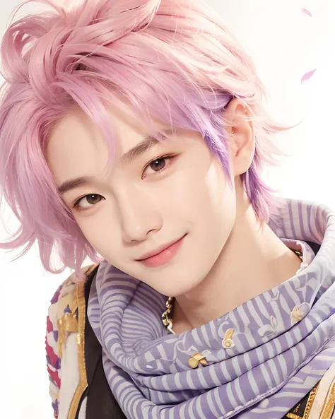 A teenage boy with realistic purple hair, realistic Korean handsome face, realistic smiling expression, adapts exactly realistic clothes,Realistic light, realistic shadows, realistic background