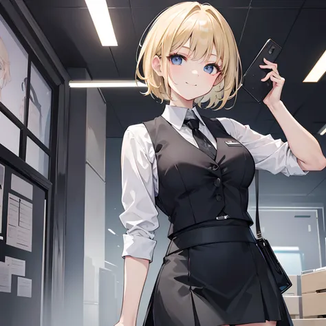 Masterpiece, 1 girl, smiling, black wrap skirt, black vest, chillerism, short blonde hair, office