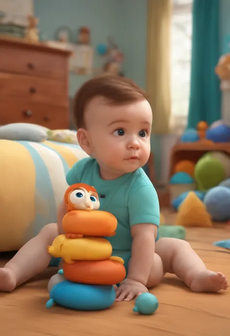 Imagem em formato desenho da Pixar, He is a newborn baby and very intelligent, Hes outgoing, Playful and gets up for a lot of things. Cabelo castanho claro penteado para o lado(Not a lot of hair) e olho azul. Background environment a baby room with various...