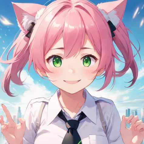 a loli anime girl with pink hair, green eyes, smiling cute face, wearing a white shirt with a black tie, two pigtails below her ears, cat ears, half body, facing forward, plain white background