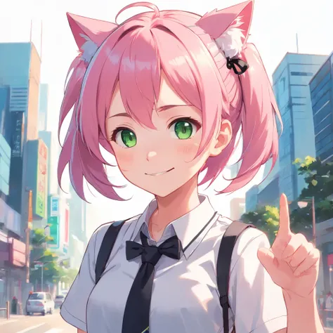 a loli anime girl with pink hair, green eyes, smiling cute face, wearing a white shirt with a black tie, two pigtails below her ears, cat ears, half body, facing forward, plain white background