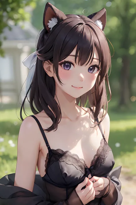 女の子1人, (petite), the bow, (lace lingerie), bare chest, small breasts, perky tits, a picture、realisticlying、top-quality、adopt、A detailed face、mare、细致背景、diffuse sunlight、depth of fields、Bokeh、embarassed expression,  smile, closed mouth, portrait, nip slip