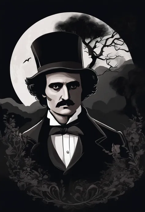 Edgar Allan Poe dark-haired man with deep-set, intense eyes, and a slim, pale figure, often seen in somber black attire, exuded a mysterious and haunting presence bootleg rap style tshirt print design in Pixar Disney style in 3D, high quality, black backgr...