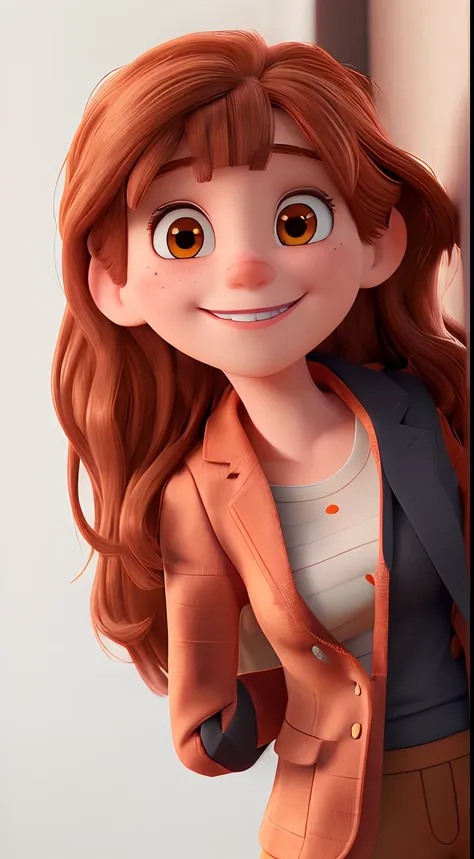 White woman with brown eyes. Reddish brown hair, with bangs on the forehead, smiling. Wear coral blazer