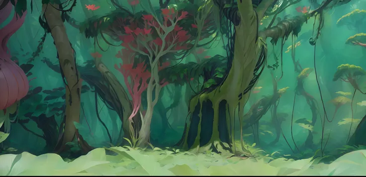 cartoon of a forest with a lot of different animals in it, alien forest in background, forestpunk background, forrest background...