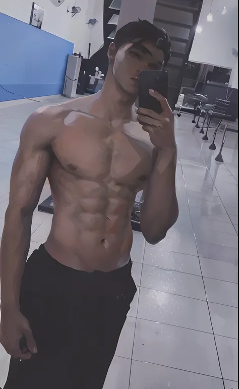 there is a man that is taking a picture of himself in the mirror, fit pic, prefect body, lean but muscular, with abs, lean and muscular, slender and muscular build, [ adamantly defined abs ]!!, [ rigidly defined abs ]!!, shirtless, ripped, mid-shot of a hu...