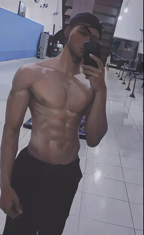 there is a man that is taking a picture of himself in the mirror, fit pic, prefect body, lean but muscular, with abs, lean and muscular, slender and muscular build, [ adamantly defined abs ]!!, [ rigidly defined abs ]!!, shirtless, ripped, mid-shot of a hu...