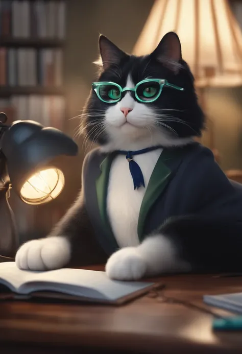 Mulher branca estilo Disney pixar, 35 anos, 1m68, Cat glasses with transparent frame, Medium-length straight black hair with blue-green highlights, vestindo uma roupa de estilo plus size, Working on your MacBook on a desk full of papers, livros, A lamp and...