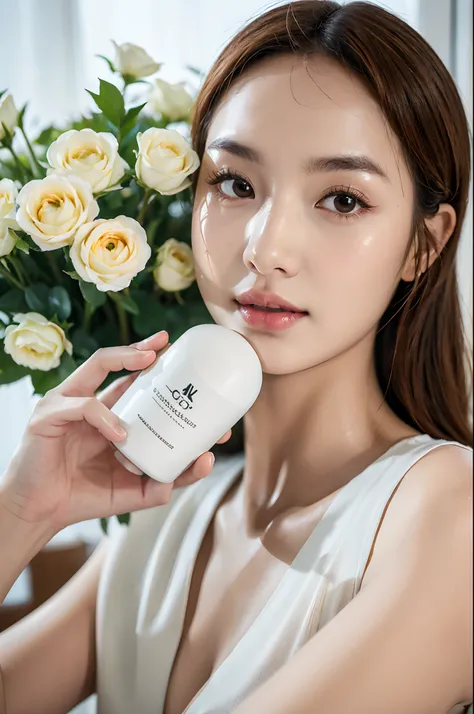 (Best quality,4K,8K,A high resolution,Masterpiece:1.2),Ultra-detailed,(Realistic,Photorealistic,photo-realistic:1.37),A close-up of a bottle of cleansing oil and a selection of flowers, Clean face and body skin, Skincare, skin care, Take a picture of your ...