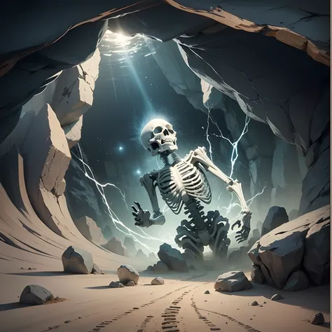 create an animated scene of a skeleton dissolve in air in a Rocky cave tomb background --auto --s2