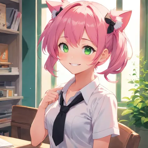 Loli anime girl with pink hair, green eyes, smiling cute face, wearing a white shirt with a black tie, two pigtails below her ears, cat ears, half body