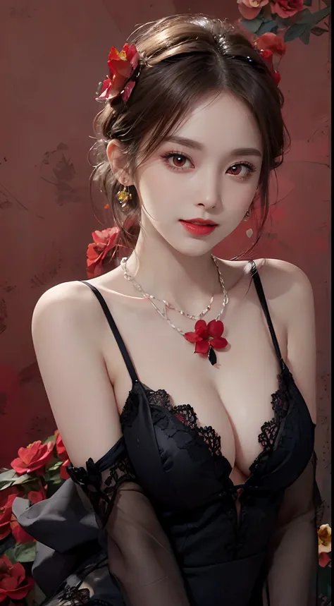 1 beautiful and attractive 20-year-old girl, ((Wearing an ultra-thin red dress with diamonds: 1.8)), ((Long platinum hair: 1.6)), Bangs, Elaborate jewelry made from noble stones and beautiful hair, ( ( Wearing a black lace necklace:1.4))), noble, Aristocra...