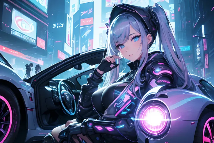 (deep in the night:1.3)、、(Detailed beautiful skin texture、detailed beautiful faces、Ultra-detailed clothing texture)、、(cyberpunked:1.4)、、(2females、18year old、Colossal tits、With long silver hair、blue eyess)、(Pink jacket、Black tank top、Cargo pants)、Standing n...