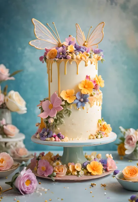 Food Photography of a whimsical birthday cake, exuding an air of enchantment. The cake is a work of art, featuring layers of sponge cake, frosted with smooth buttercream and adorned with edible flowers and delicate sugar sculptures. In the background, a pl...