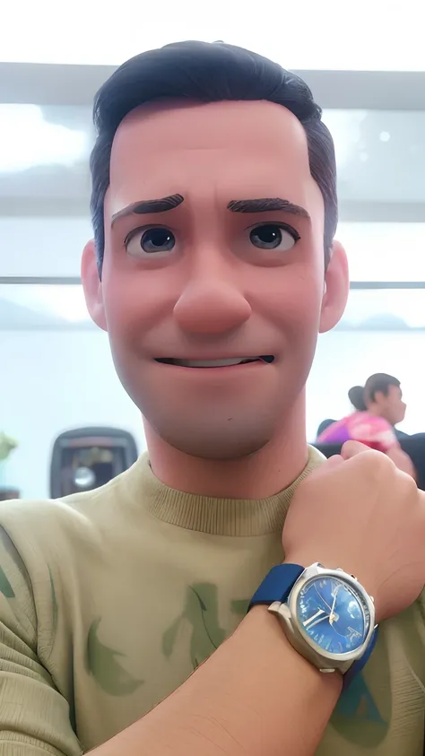 Homem ao estilo pixar com um relogio no pulso sorrindo em uma sala