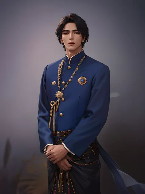 there is a man in a tradisional indonesia outfit, wearing a navy blue noble suit, delicate androgynous prince, beautiful androgynous prince, realistic, ultra details Best quality, masterpiece, ultra high res, (photorealistic:1.4), raw photo, young handsome...