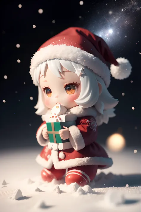 nendroid、Santa Claus happily holding the present、Santa Claus is a pretty girl、Chibi doll、Stars in Eyes（kirakira）、head looking up、Kaihuai、Lovely red shoes、foco nítido, Ultra detail, radiant light、Bio-luminescence、Snowscape、Its snowing、Snowboarding、Draw a la...