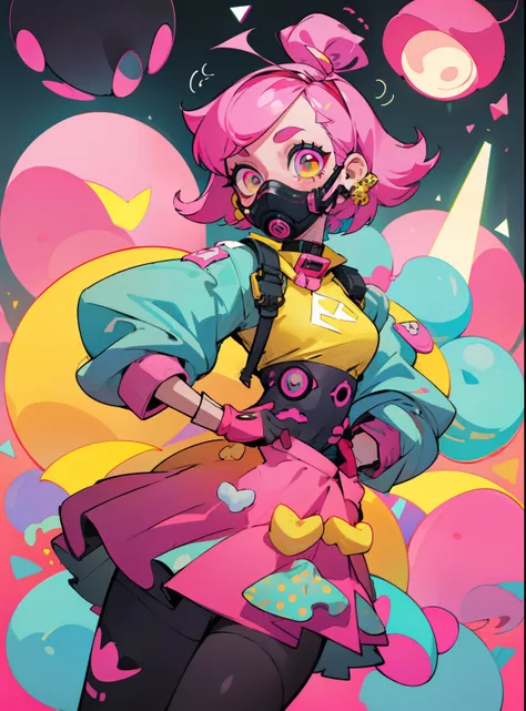 kpop girl with short nice fadecut pink hair, colorful glowing gass mask, lots of shapes attatched everywhere, random shapes most...