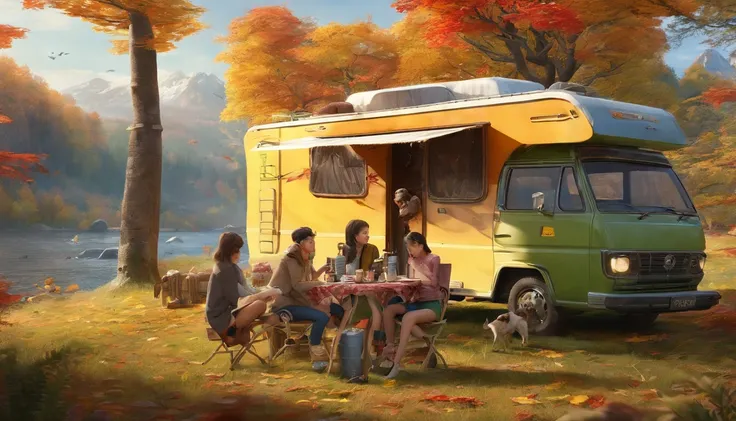 A place with red, yellow, and green autumn leaves, Japanese people, four adults drinking coffee around a simple table, children and dogs hiking in the background, outdoors, camper van, multi-person camping, solo camping, bonfire, chatting, having fun Im he...