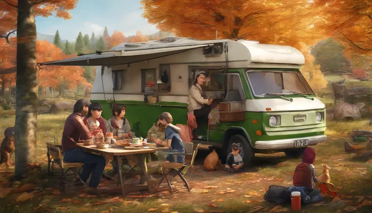 A place with red, yellow, and green autumn leaves, Japanese people, four adults drinking coffee around a simple table, children and dogs hiking in the background, outdoors, camper van, multi-person camping, solo camping, bonfire, chatting, having fun Im he...