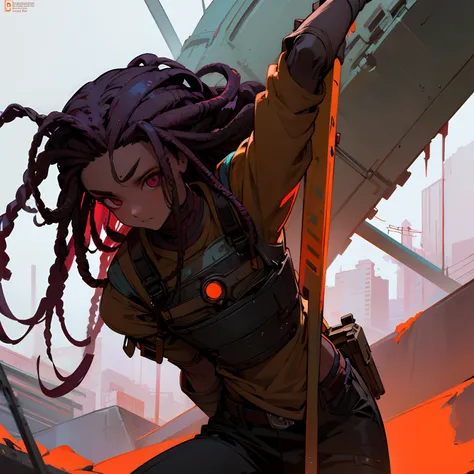 Dreads loiro cabelo raspado nas laterais ,sobretudo preto com gol alta e detalhes em vermelho neon ,Post-apocalyptic futuristic