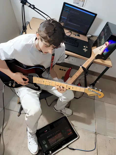 Theres a man whos playing a guitar in front of a laptop, playing electric guitar, playing the guitar, jamming to music, solo de guitarra, rocking out, playing a guitar, tocando guitarra, tocando uma guitarra Gibson Les Paul, playing the guitar, holding an ...