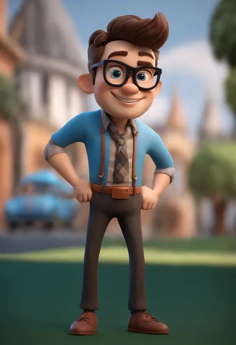 Cartoon character of a man with black glasses, cabelo cacheado marrom escuro e uma camisa azul, animation character, Caractere estilizado, animation style rendering, 3D estilizado, Arnold Maya render, 3 d render stylized, toon render keyshot, Personagem 3D...