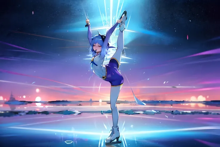 Figure skating wears a purple costume on white ice, hair bobbles, long eyelasher, Blue hair, Closed eyes, Light smile, angle of view, Atmospheric perspective, anime, Anime style, 8K, Super detail, ccurate, Best quality