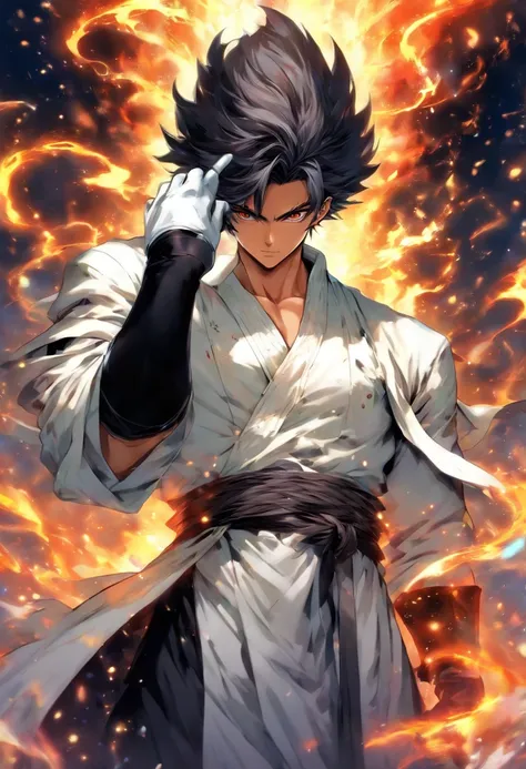 solo male, white robes, grey eyes, black pants, black gloves, standing, Fantasy