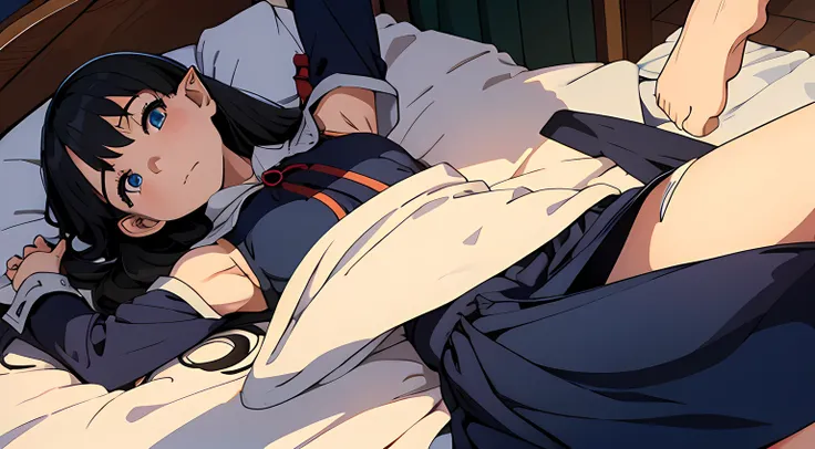 elf girl, wearing witch long skirt uniform, lie down in bed, bedroom Lie on the bed with her hands up, Exposing the armpits, Angle from above