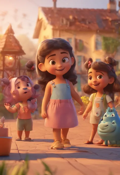 Estilo Pixar: Familia, Um pai, A mother and two girls. Uma menino de 6 anos e outro de 2 anos . Uma fazenda com vacas lindas e marrom .