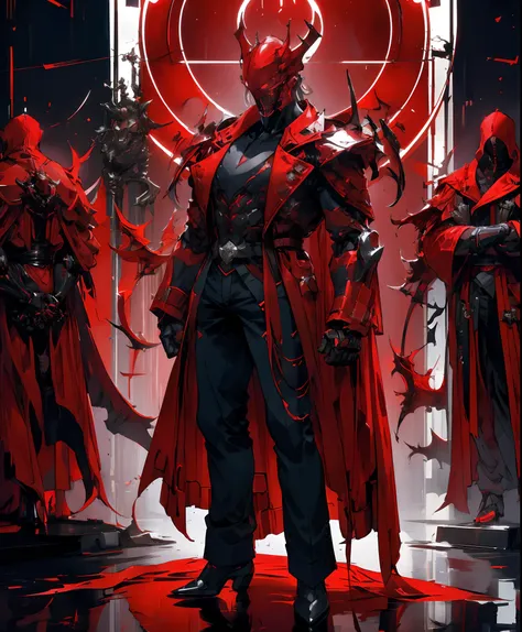 a man in a red jacket and black pants standing in a dark room, wearing cultist red robe, crimson attire, character from mortal kombat, as a character in tekken, fighting game character, cyberpunk assassin, red hooded mage, cyberpunk outfits, crimson clothe...