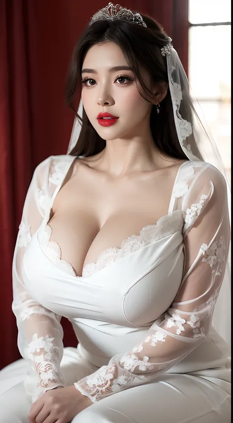 girls huge,see-through shirt ,sitting, Red lips,lace wedding dress ,White skin, heavy breasts, big breasts, huge breasts, huge breasts, massive breasts, juicy breasts, enormous breasts