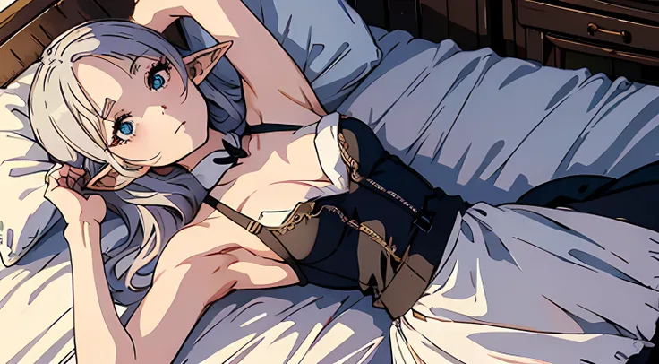 elf girl, wearing maid outfit with long skirt, lie down in bed, bedroom Lie on the bed with her hands up, Exposing the armpits, Angle from above