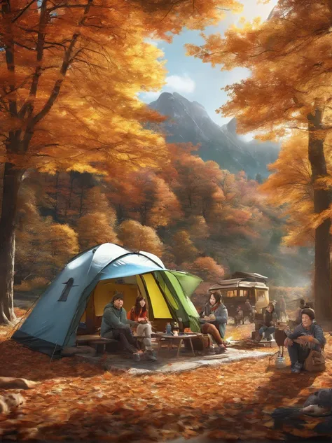 A place with red, yellow, and green autumn leaves, Japanese people, four adults drinking coffee around a simple table, children and dogs hiking in the background, outdoors, camper van, multi-person camping, solo camping, bonfire, chatting, having fun Im he...