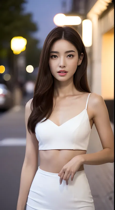 ((Realistic lighting, Best quality, 8K, Masterpiece: 1.3)), Focus: 1.2, 1girl, Perfect Figure: 1.4, Slim Abs: 1.1, ((Dark brown hair)), (White dress: 1.4), (Outdoor, Night: 1.1), City streets, Super fine face, Fine eyes, Double eyelids,