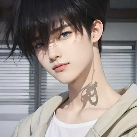 A teenage boy with realistic black hair, realistic dark blue eyes, realistic Korean handsome face, realistic cool expression, adapts exactly the same clothes, realistic cream colored jacket,Realistic light, realistic shadows, realistic background