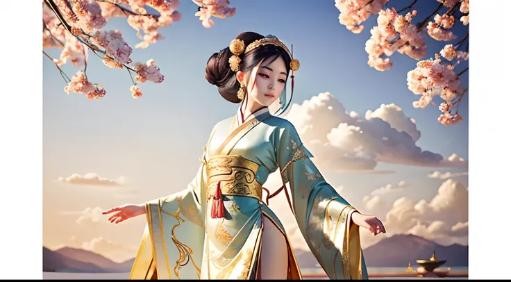 A beautiful dancer in ancient China,Delicate lines,gorgeous costumes in ancient China,delicate and vivid,Shy face,Willow leaf eyebrows,personality depiction,Coiled hair,gold leaves,flowing clouds,aquarelle,crane surrounding,Ink painting,Gentle eyes,Meticul...