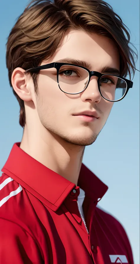 White guy with brown hair and clear glasses