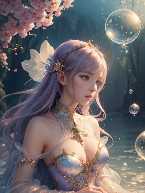 Drawing of a woman in a bubble-blowing dress, loish and wlop, ethereal bubbles, moebius + Roisch + wlop, dreamy and detailed, intricate wlop, closeup fantasy with water magic, fairytale artwork, fairytale painting, in style of anna dittmann, wlop art, real...