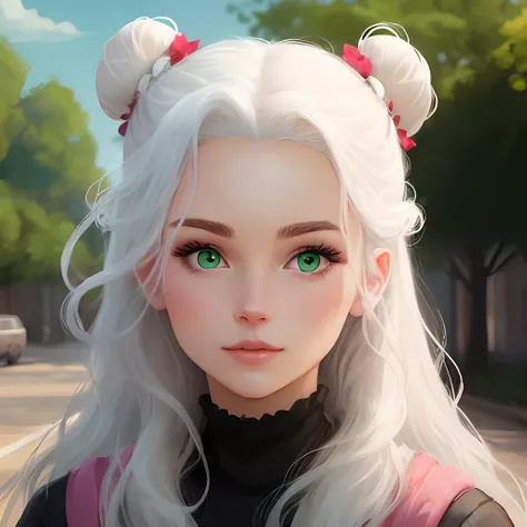 A young woman with long white hair with two bun on her head and green eyes in animated