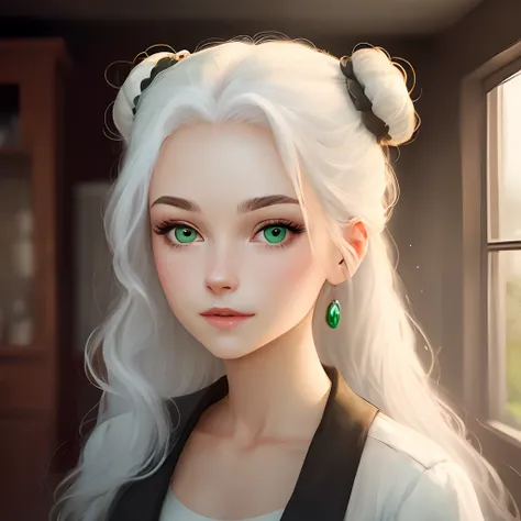 A young woman with long white hair with two bun on her head and green eyes in animated