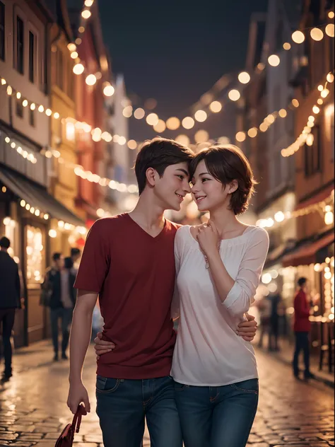 Illustrate a close up charming scene of a cute couple ((1 boy, 1 girl)) enjoying a delightful night out at an enchanting street, 16k resolution, UHD, ((background blur:1.7)) , bokeh, ((red hue:0.9)), ISO:200,