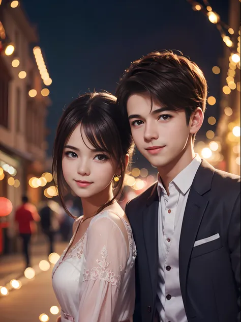 illustrate a close up charming scene of a cute couple ((1 boy, 1 girl)) enjoying a delightful night out at an enchanting street,...