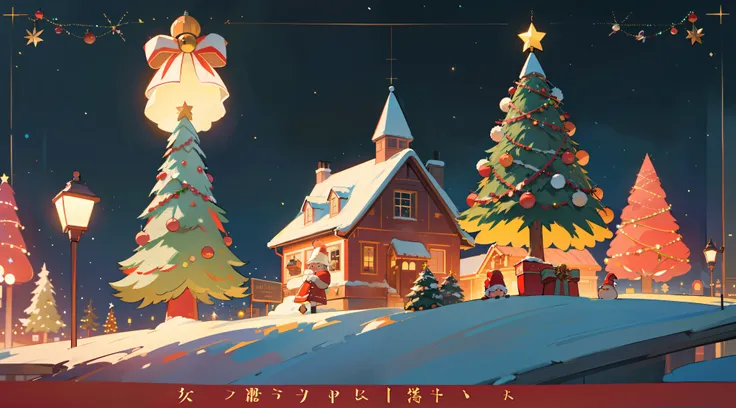 best qualtiy，16k，8K，True exposure，Ray traching，Excellent image quality，Christmas poster，Christmas atmosphere，A real Christmas tree，pompon，bell，Luminous colored light bar，outside，Chilling，Santa Claus hat，Christmas decorations are hung on the wall，snowflower